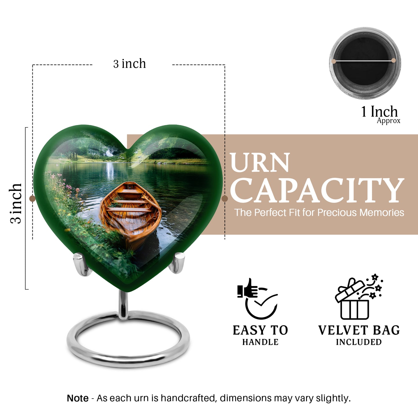 Jade Green Boat Cremation Urn front view showing detailed design - heart-shaped boat design symbolizing eternal love - mini keepsake memorial for portion of cremation ashes