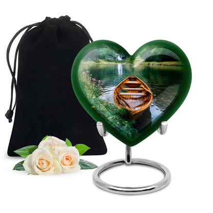 Emerald Green Boat Cremation Urn detail view - heart-shaped boat design symbolizing eternal love - full-size 10 inch 200 cubic inch adult cremation urn