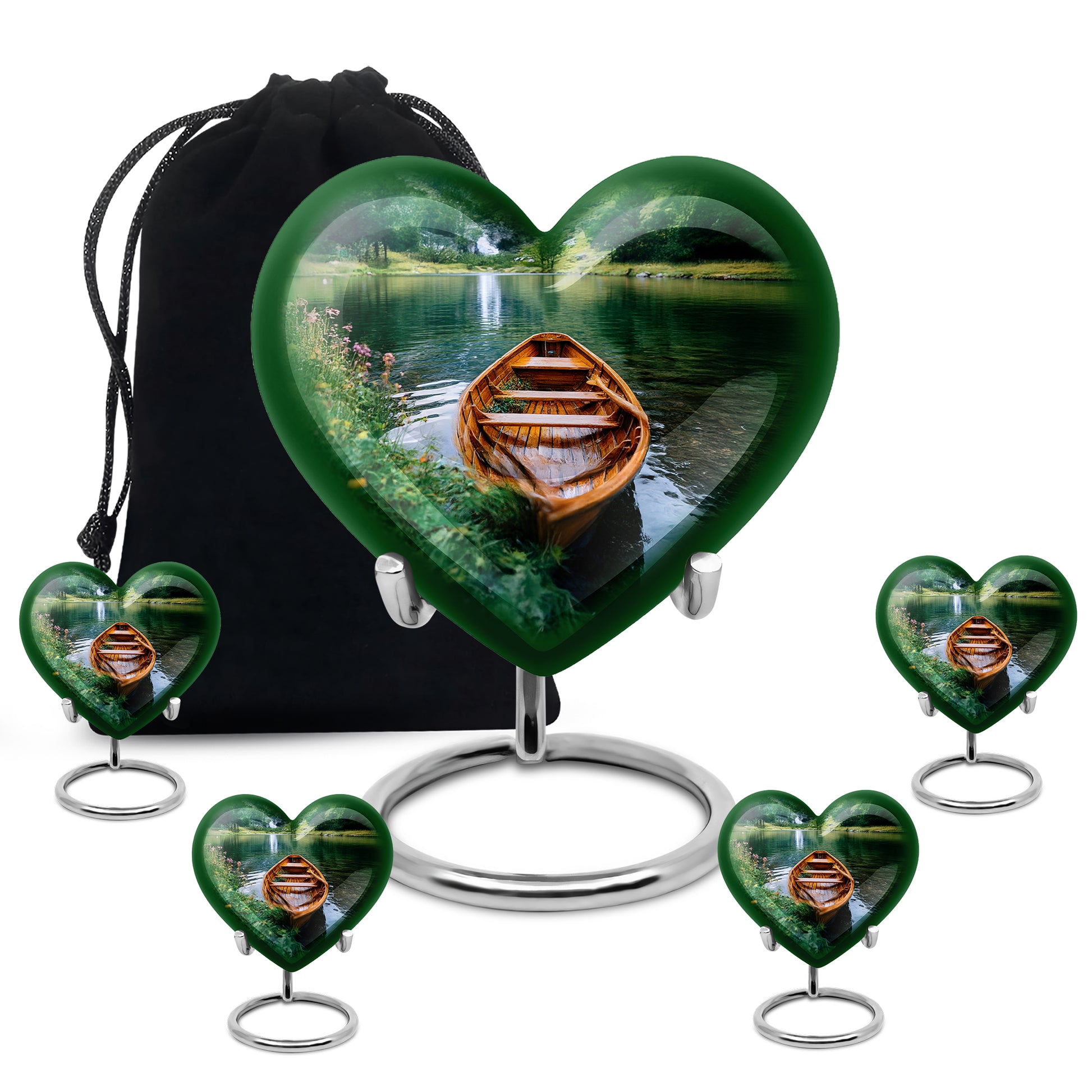 Forest Green Boat Cremation Urn close-up of engraving and surface detail - romantic heart urn with boat motif on aluminum - memorial set with one large and four small urns
