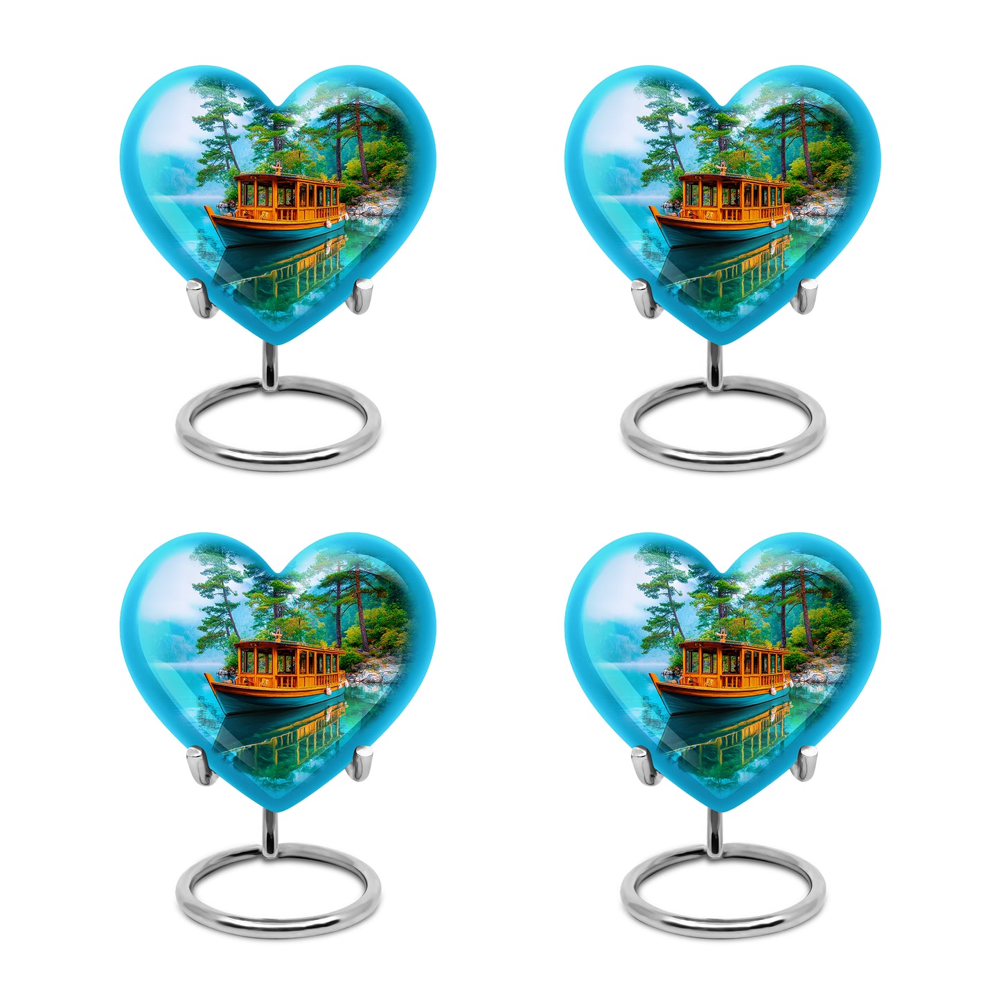 Aqua Teal Boat Cremation Urn angled view of lid and engraved motif - compassionate heart-boat combination with gentle curves - 10 inch aluminum urn for cremated remains