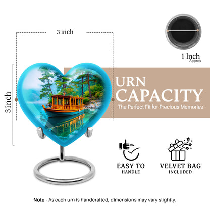 Mystic Teal Boat Cremation Urn front view showing detailed design - romantic heart urn with boat motif on aluminum - mini keepsake memorial for portion of cremation ashes