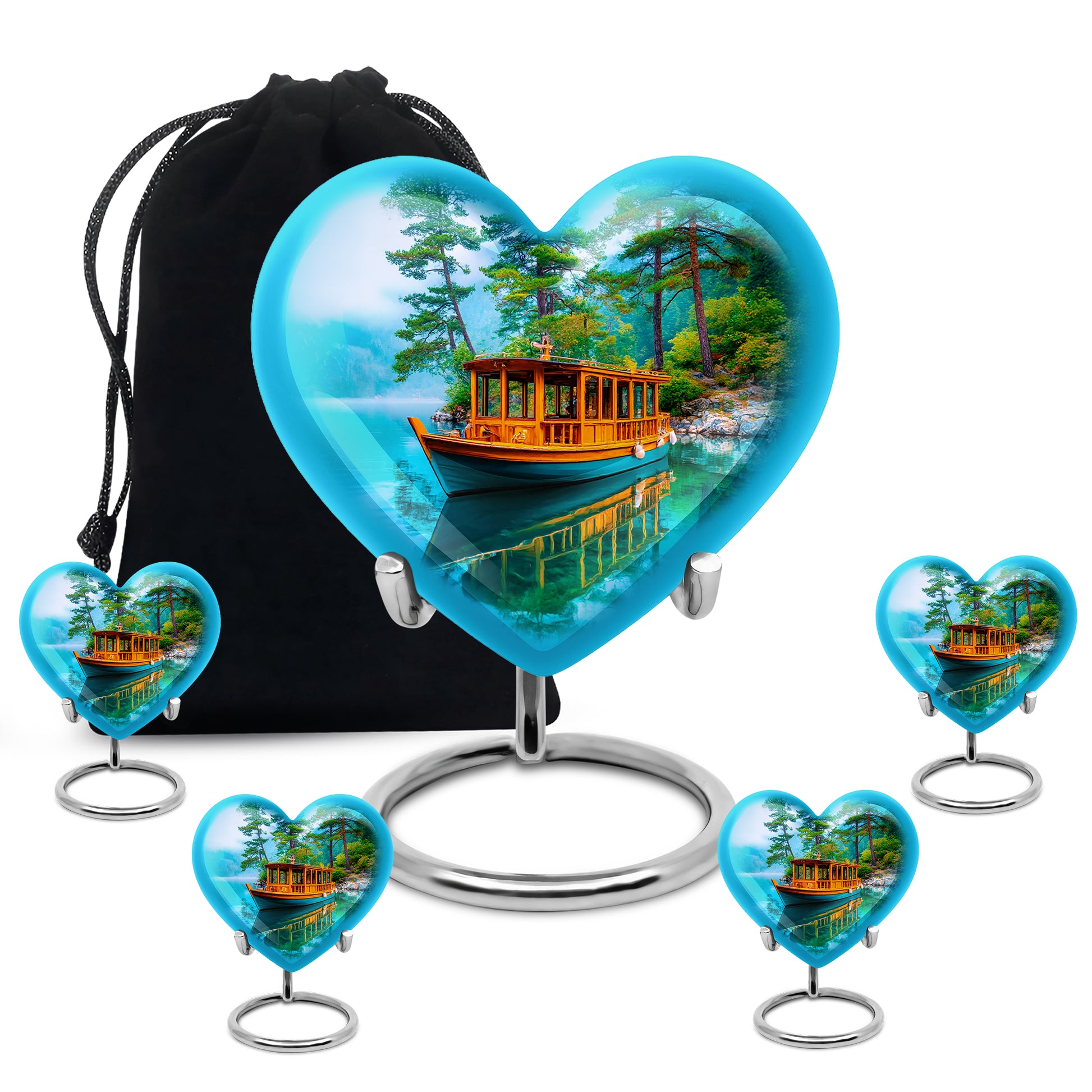 Sea Green Teal Boat Cremation Urn close-up of engraving and surface detail - heart-shaped boat design symbolizing eternal love - memorial set with one large and four small urns