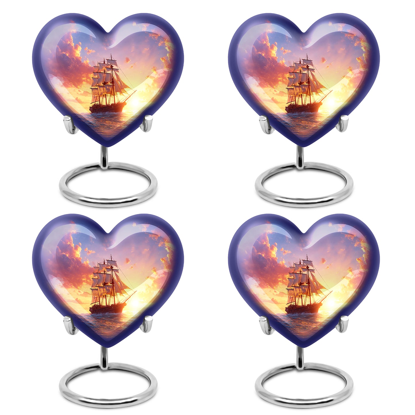 Slate Blue Boat Cremation Urn angled view of lid and engraved motif - heart-shaped boat design symbolizing eternal love - 10 inch aluminum urn for cremated remains
