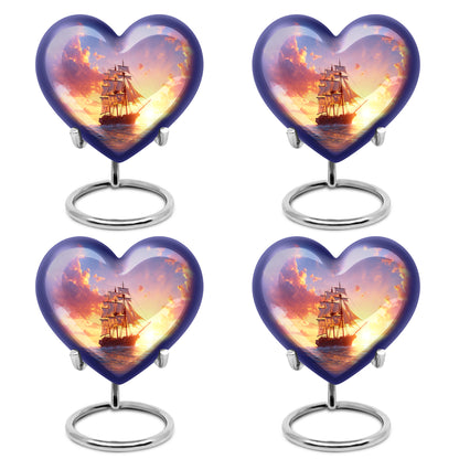 Slate Blue Boat Cremation Urn angled view of lid and engraved motif - heart-shaped boat design symbolizing eternal love - 10 inch aluminum urn for cremated remains