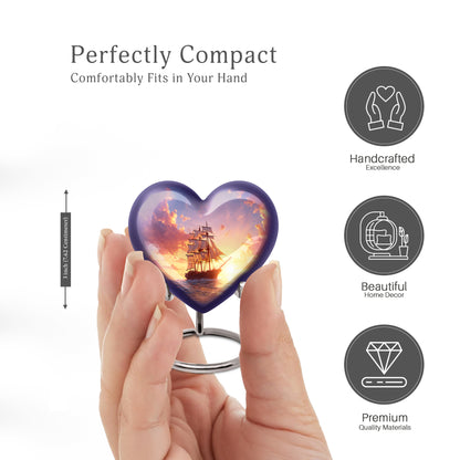 Pastel Blue Boat Cremation Urn front view showing detailed design - heart-shaped boat design symbolizing eternal love - mini keepsake memorial for portion of cremation ashes