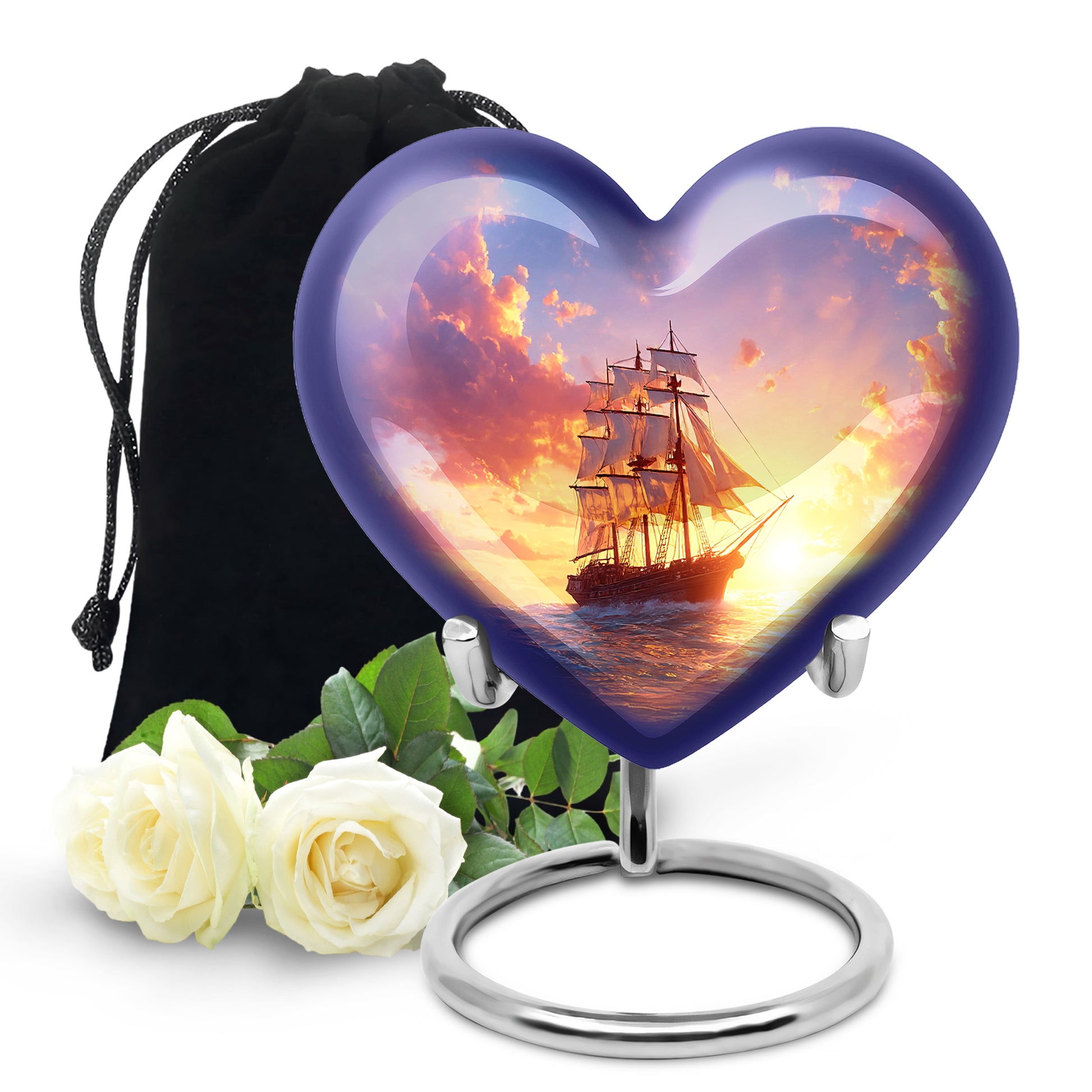 Powder Blue Boat Cremation Urn detail view - loving heart memorial featuring boat pattern - full-size 10 inch 200 cubic inch adult cremation urn