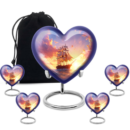 Navy Blue Boat Cremation Urn close-up of engraving and surface detail - heart-shaped boat design symbolizing eternal love - memorial set with one large and four small urns