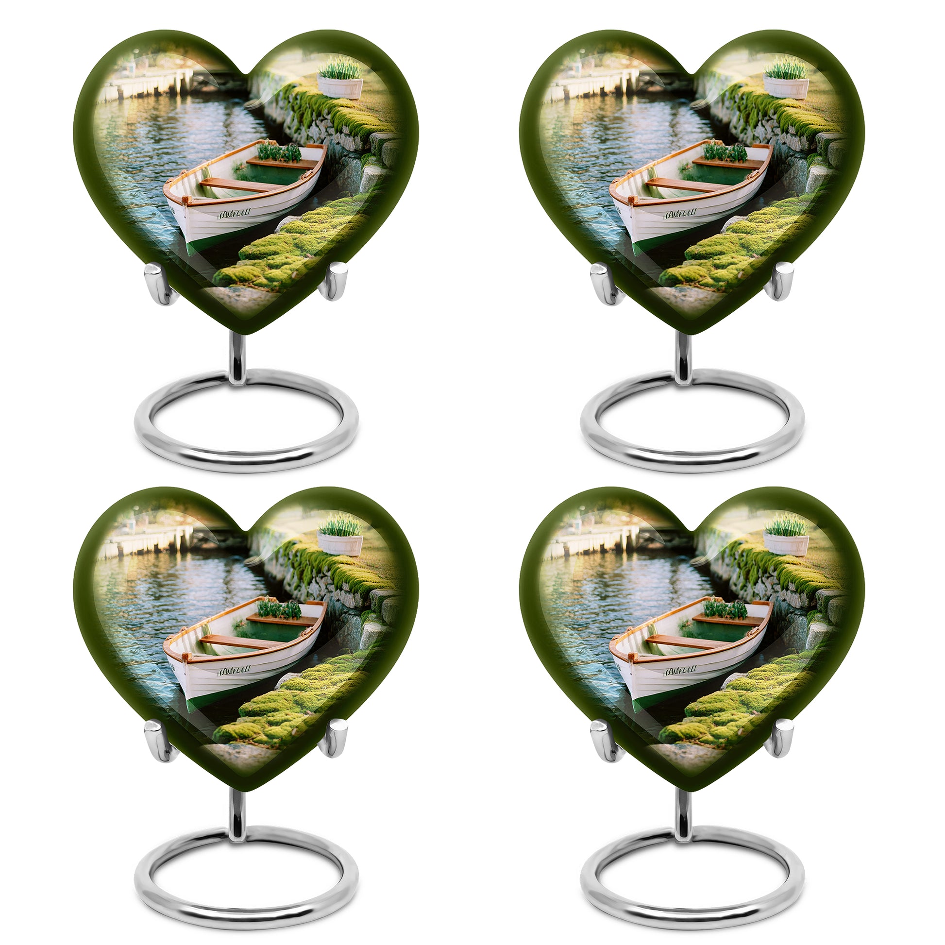 Warm Yellow Boat Cremation Urn angled view of lid and engraved motif - heart-shaped boat design symbolizing eternal love - 10 inch aluminum urn for cremated remains