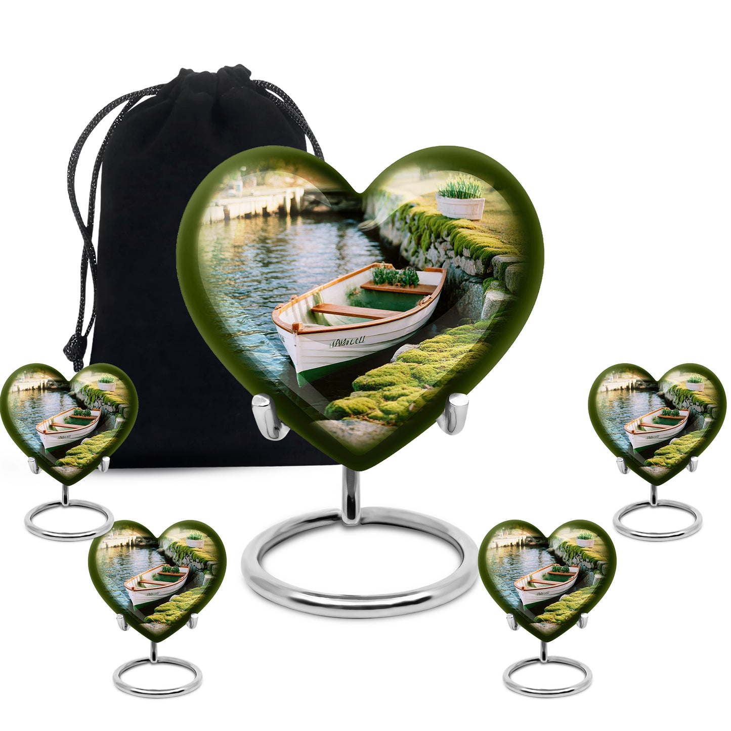 Harvest Yellow Boat Cremation Urn close-up of engraving and surface detail - loving heart memorial featuring boat pattern - memorial set with one large and four small urns