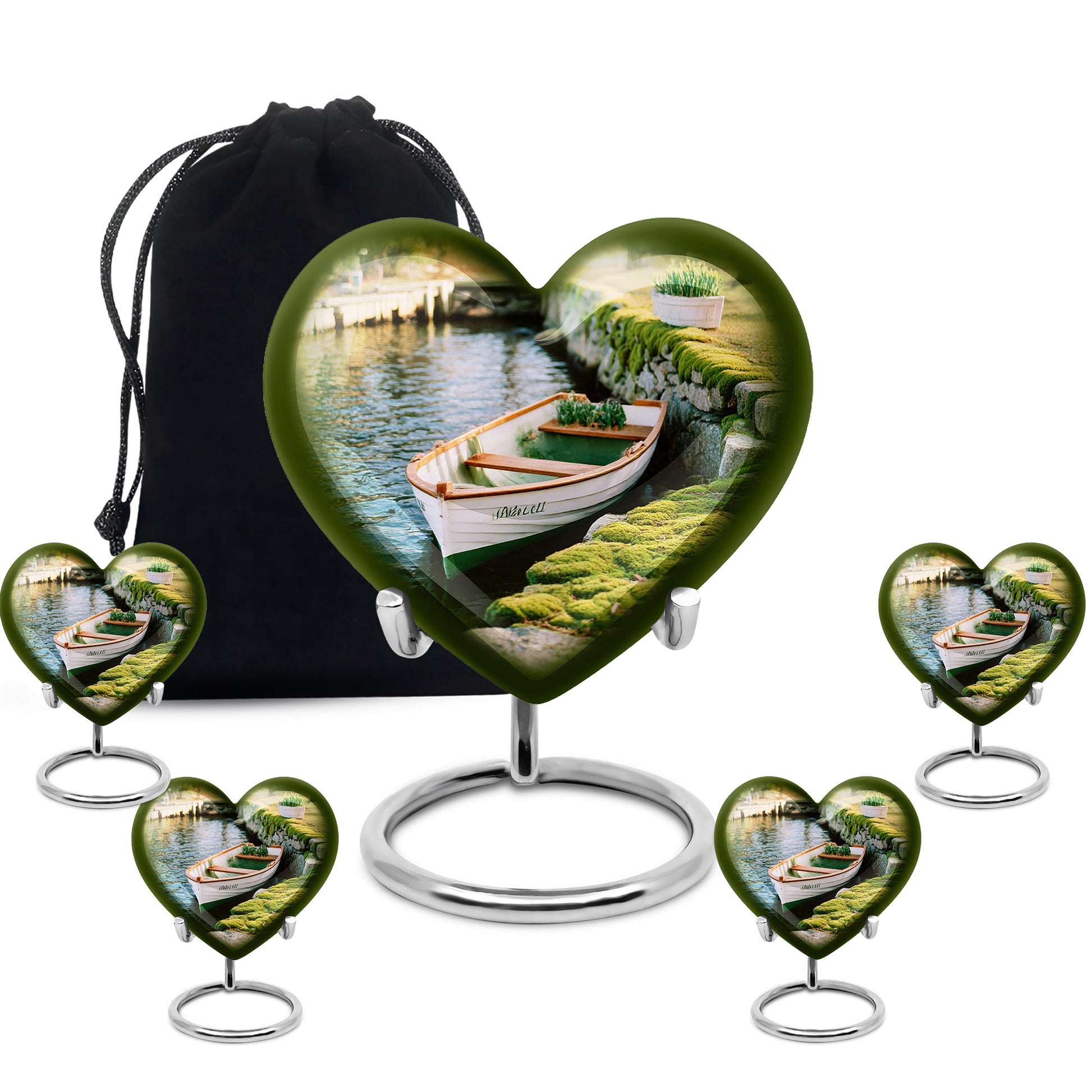 Harvest Yellow Boat Cremation Urn close-up of engraving and surface detail - loving heart memorial featuring boat pattern - memorial set with one large and four small urns