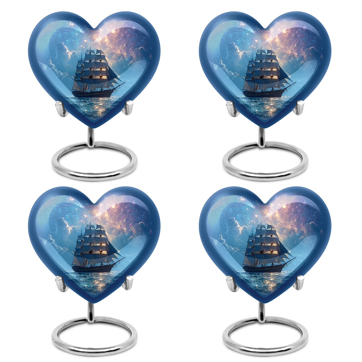 Bright Blue Boat Cremation Urn angled view of lid and engraved motif - compassionate heart-boat combination with gentle curves - 10 inch aluminum urn for cremated remains