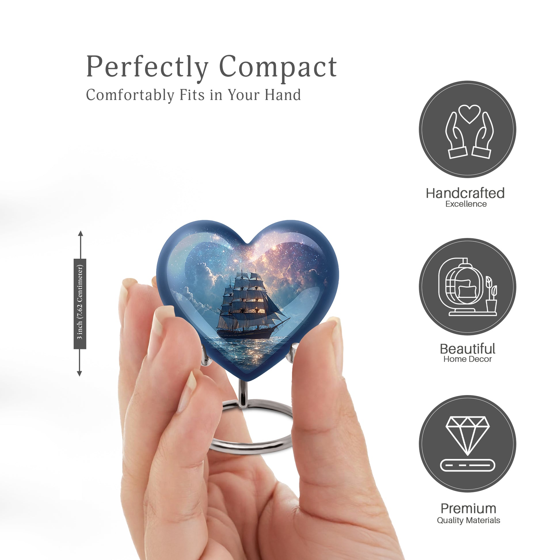 Cornflower Blue Boat Cremation Urn front view showing detailed design - romantic heart urn with boat motif on aluminum - mini keepsake memorial for portion of cremation ashes