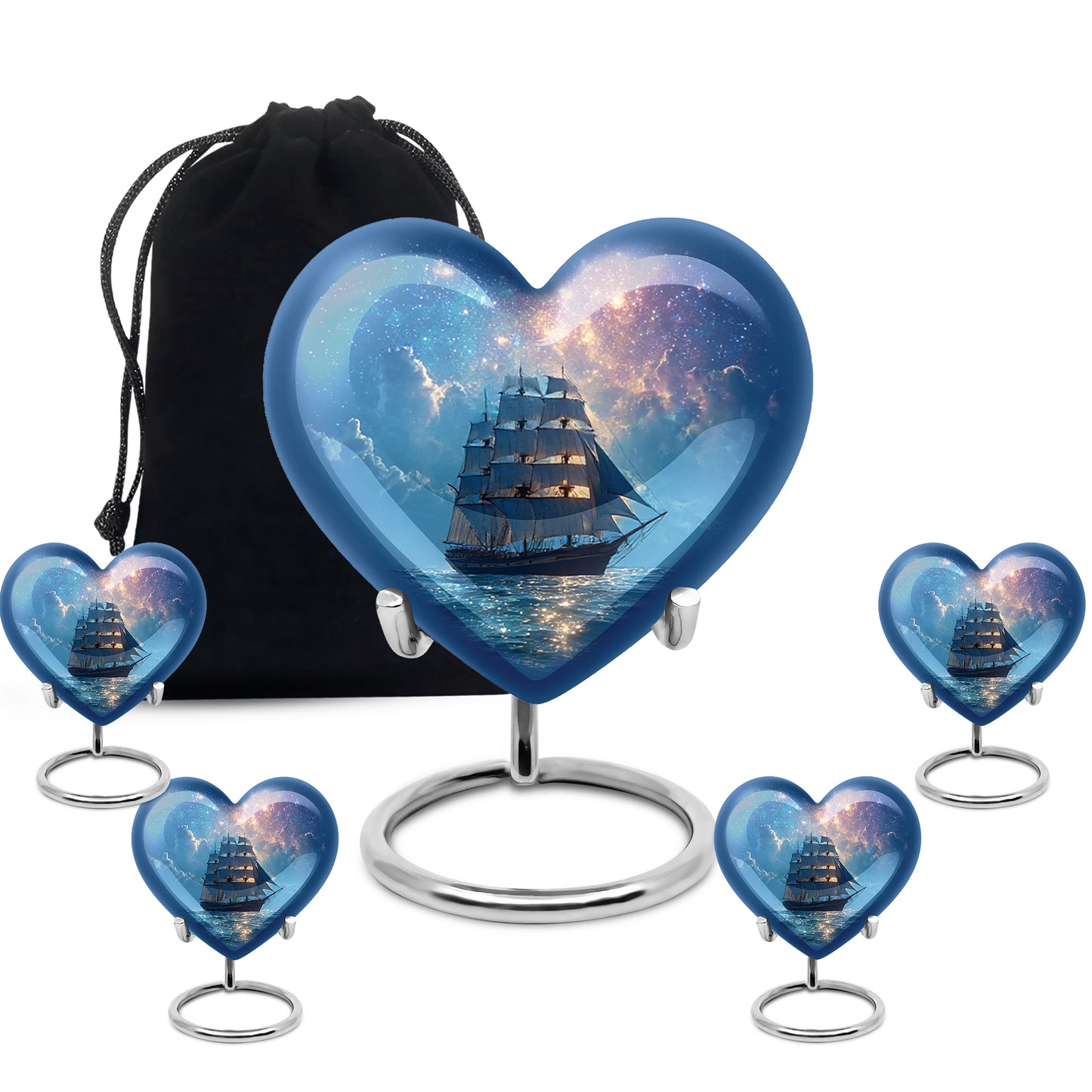 Azure Boat Cremation Urn close-up of engraving and surface detail - heart-shaped boat design symbolizing eternal love - memorial set with one large and four small urns