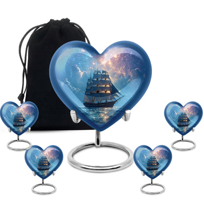 Azure Boat Cremation Urn close-up of engraving and surface detail - heart-shaped boat design symbolizing eternal love - memorial set with one large and four small urns
