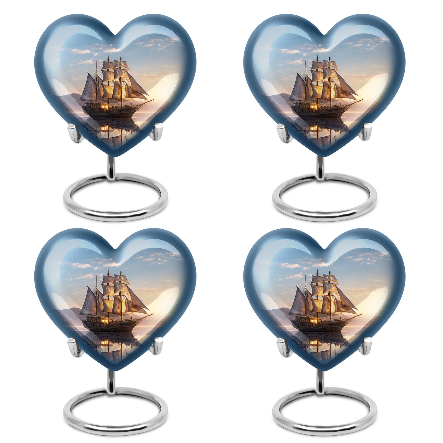 Slate Blue Boat Cremation Urn angled view of lid and engraved motif - heart-shaped boat design symbolizing eternal love - 10 inch aluminum urn for cremated remains