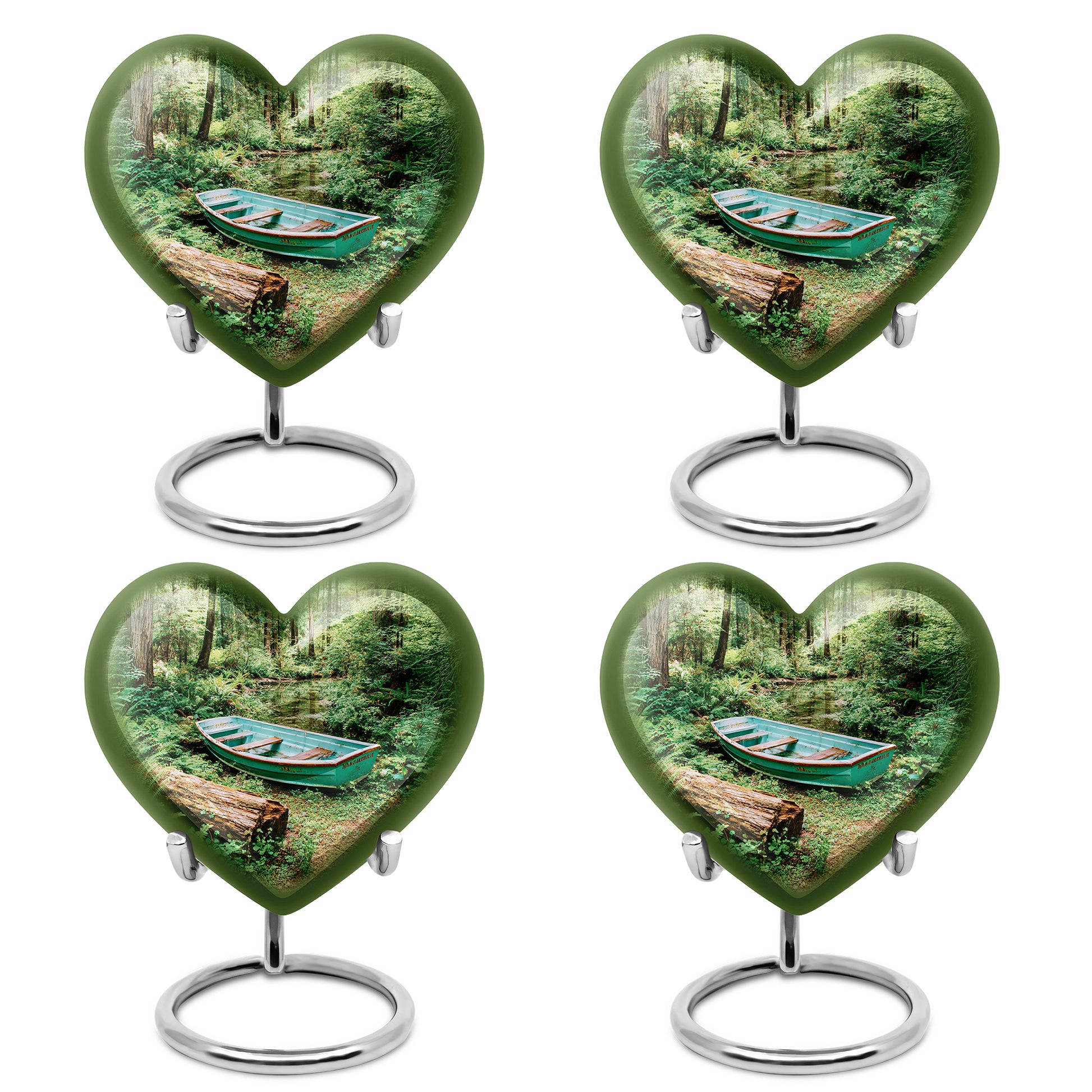 Jade Green Boat Cremation Urn angled view of lid and engraved motif - heart-shaped boat design symbolizing eternal love - 10 inch aluminum urn for cremated remains