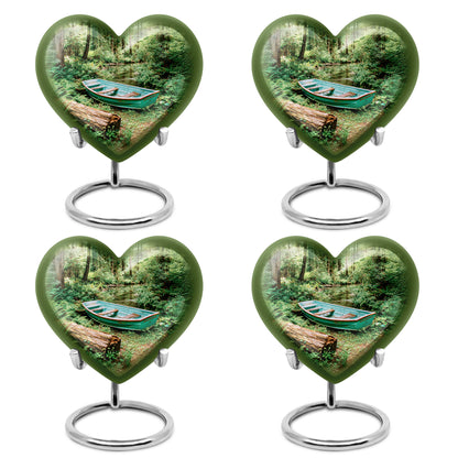 Jade Green Boat Cremation Urn angled view of lid and engraved motif - heart-shaped boat design symbolizing eternal love - 10 inch aluminum urn for cremated remains