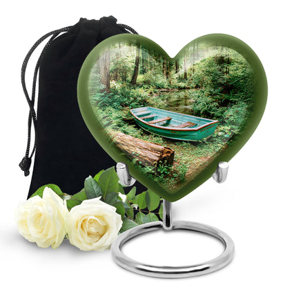 Verdant Green Boat Cremation Urn detail view - loving heart memorial featuring boat pattern - full-size 10 inch 200 cubic inch adult cremation urn