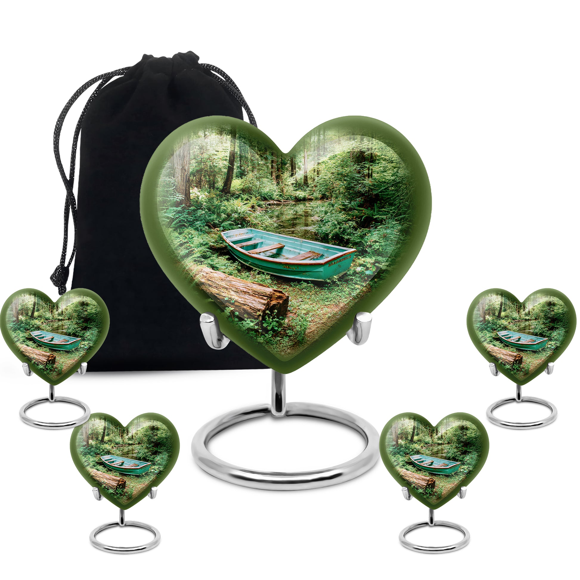 Emerald Green Boat Cremation Urn close-up of engraving and surface detail - loving heart memorial featuring boat pattern - memorial set with one large and four small urns