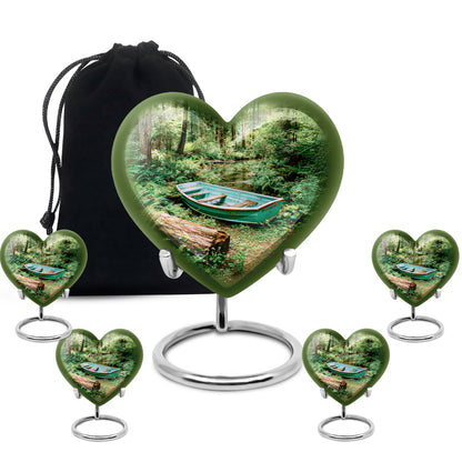 Emerald Green Boat Cremation Urn close-up of engraving and surface detail - loving heart memorial featuring boat pattern - memorial set with one large and four small urns