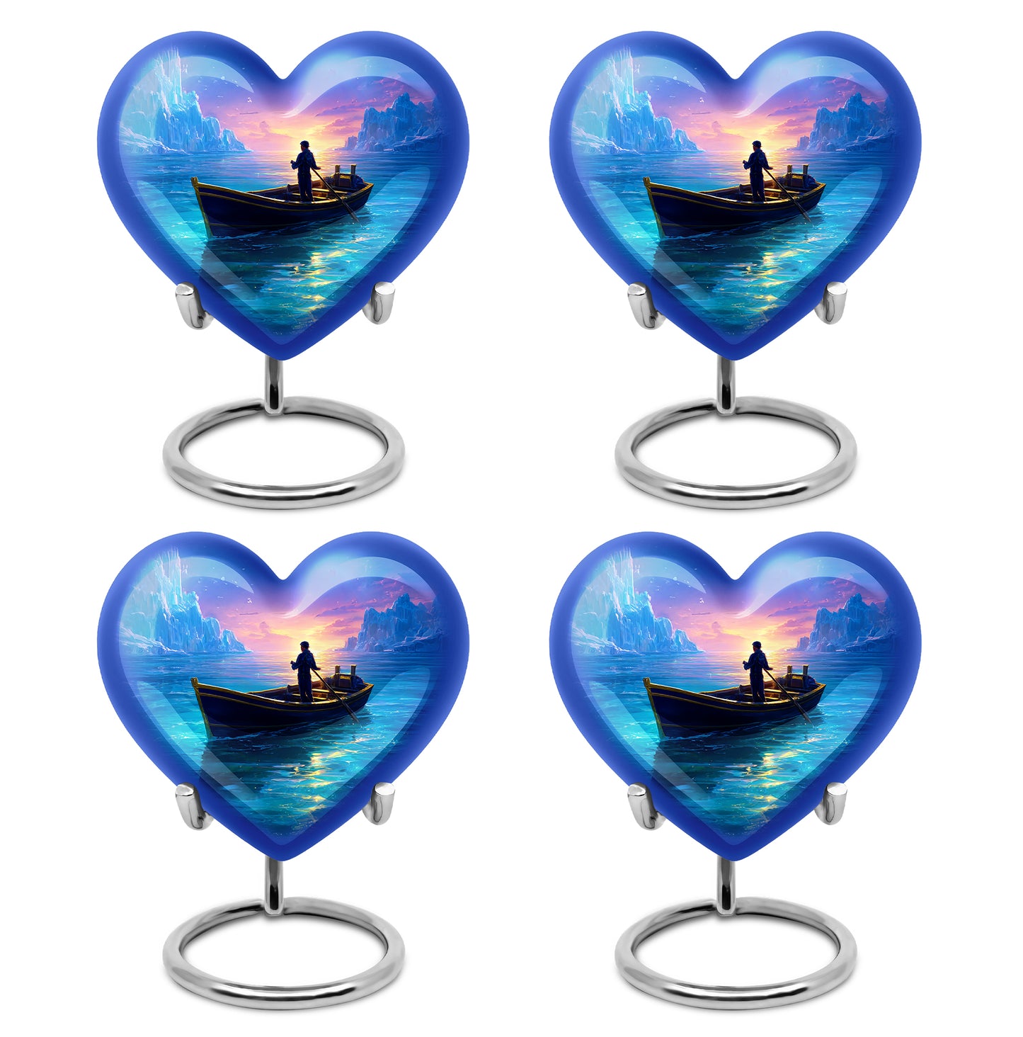 Slate Blue Boat Cremation Urn angled view of lid and engraved motif - heart-shaped boat design symbolizing eternal love - 10 inch aluminum urn for cremated remains
