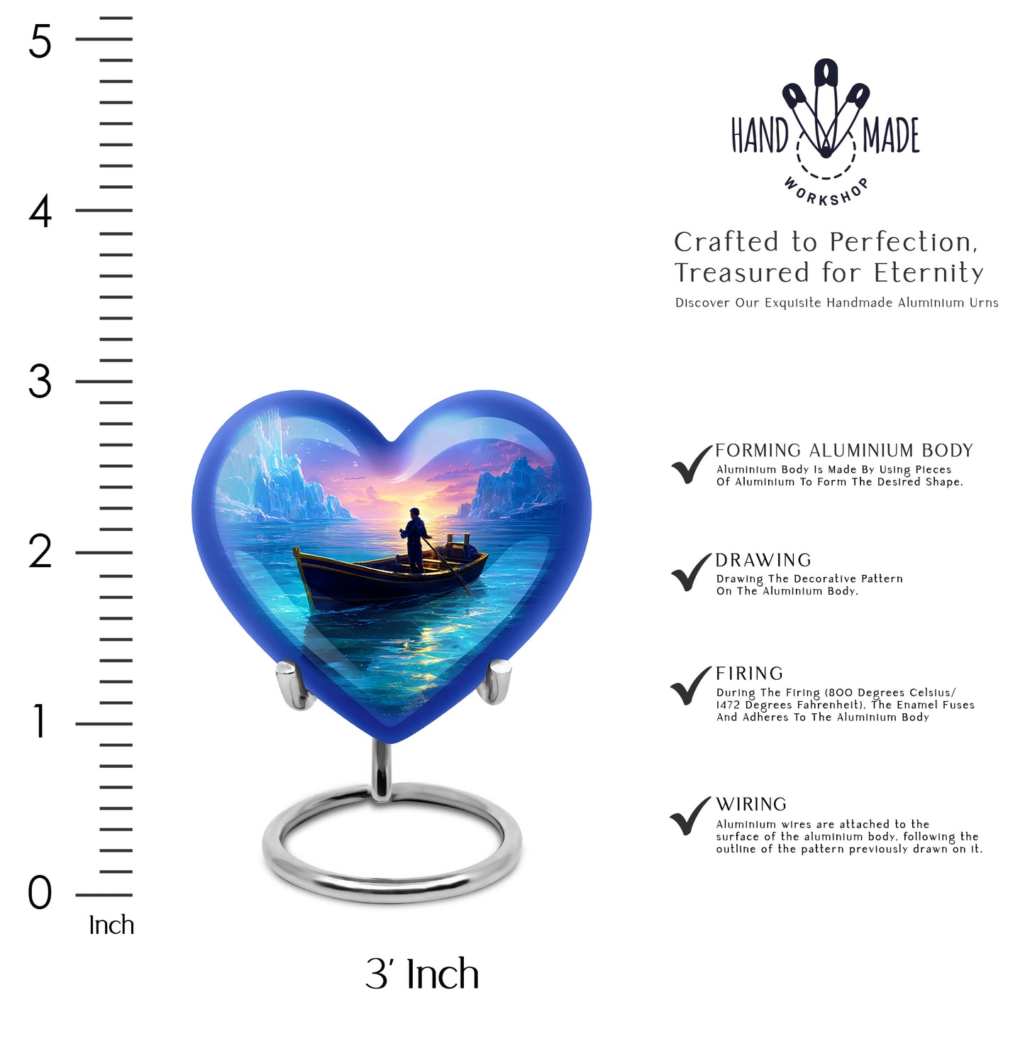 Soft Blue Boat Cremation Urn front view showing detailed design - romantic heart urn with boat motif on aluminum - mini keepsake memorial for portion of cremation ashes