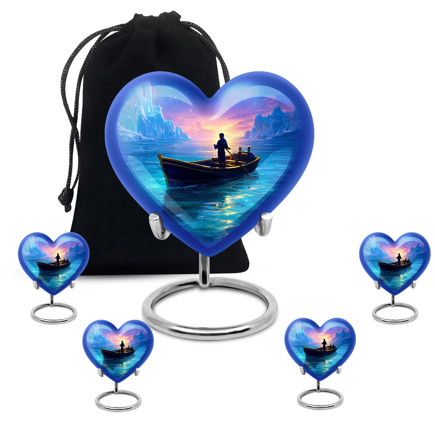 Serene Blue Boat Cremation Urn close-up of engraving and surface detail - compassionate heart-boat combination with gentle curves - memorial set with one large and four small urns