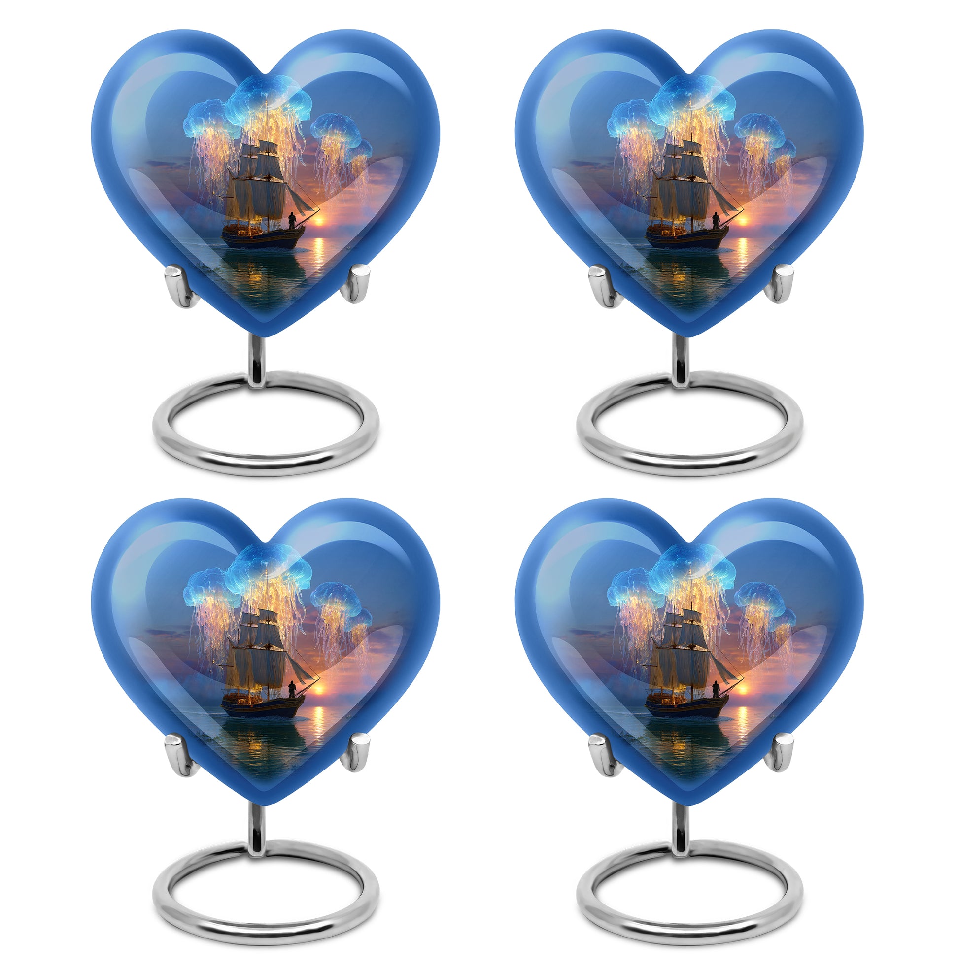 Sky Blue Boat Cremation Urn angled view of lid and engraved motif - heart-shaped boat design symbolizing eternal love - 10 inch aluminum urn for cremated remains