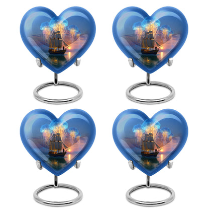 Sky Blue Boat Cremation Urn angled view of lid and engraved motif - heart-shaped boat design symbolizing eternal love - 10 inch aluminum urn for cremated remains