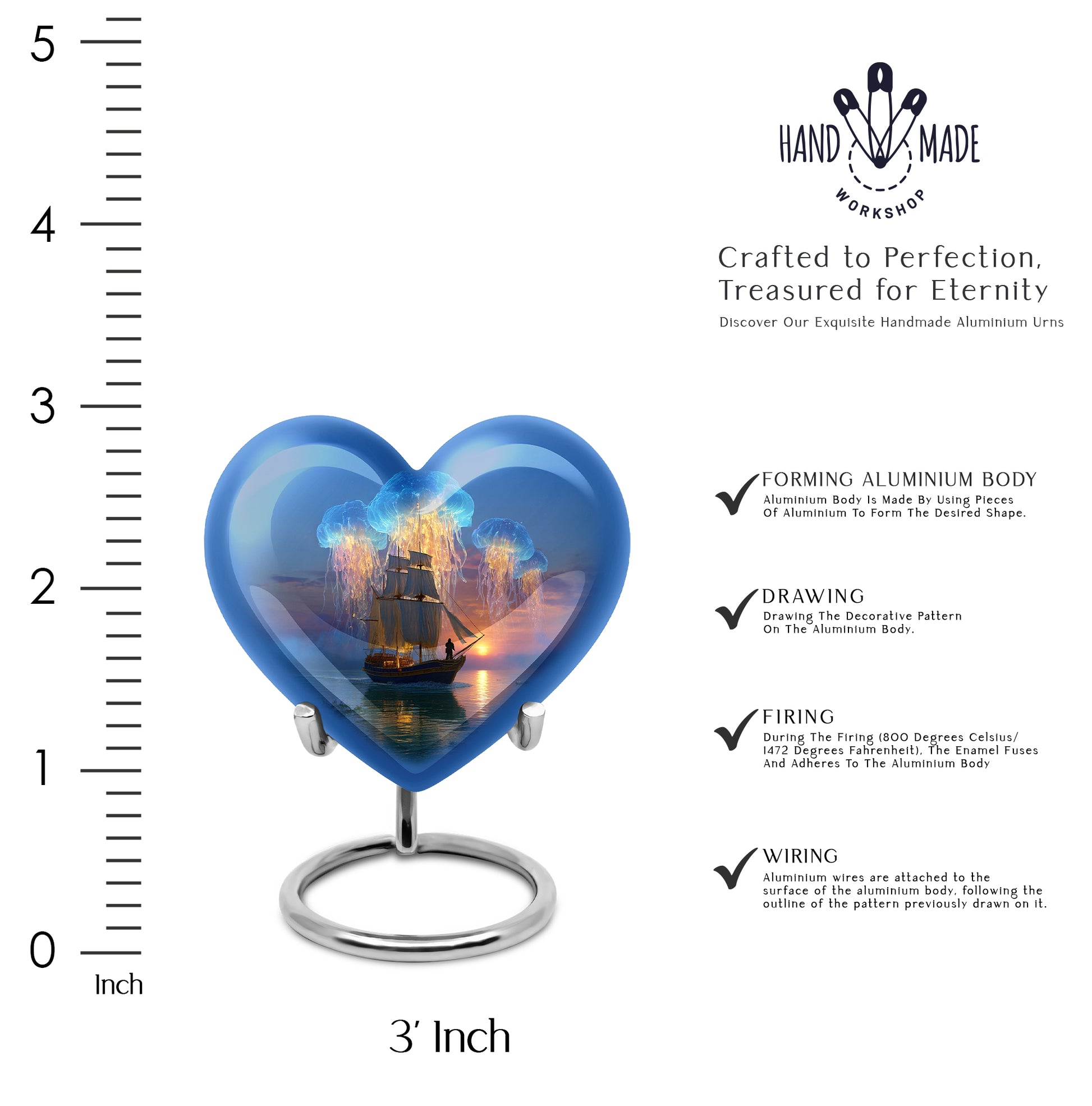 Steel Blue Boat Cremation Urn front view showing detailed design - compassionate heart-boat combination with gentle curves - mini keepsake memorial for portion of cremation ashes