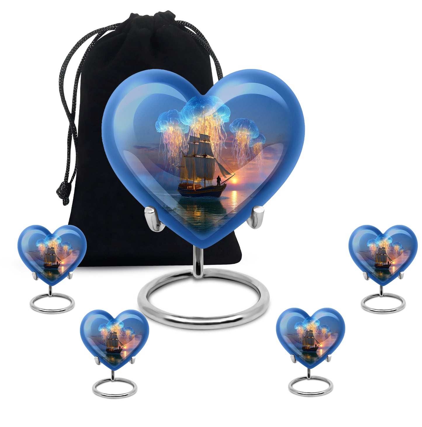 Icy Blue Boat Cremation Urn close-up of engraving and surface detail - heart-shaped boat design symbolizing eternal love - memorial set with one large and four small urns