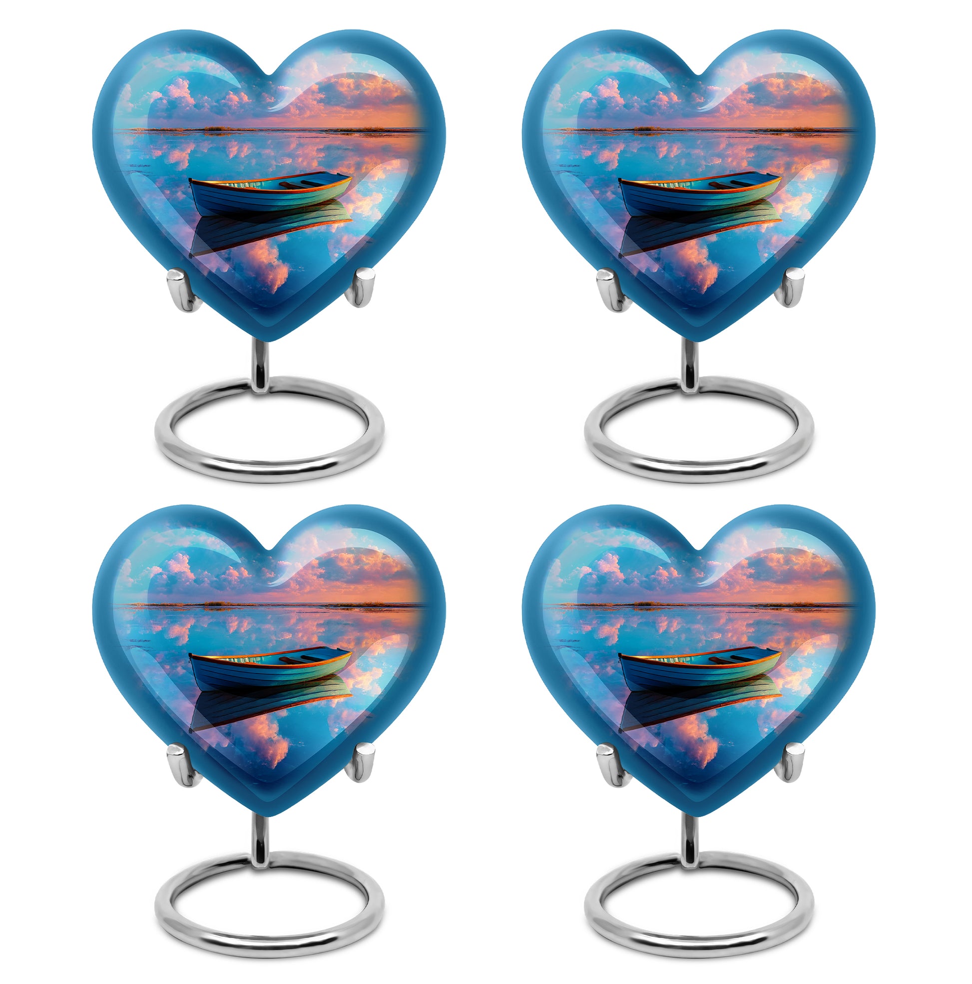 Twilight Blue Boat Cremation Urn angled view of lid and engraved motif - compassionate heart-boat combination with gentle curves - 10 inch aluminum urn for cremated remains