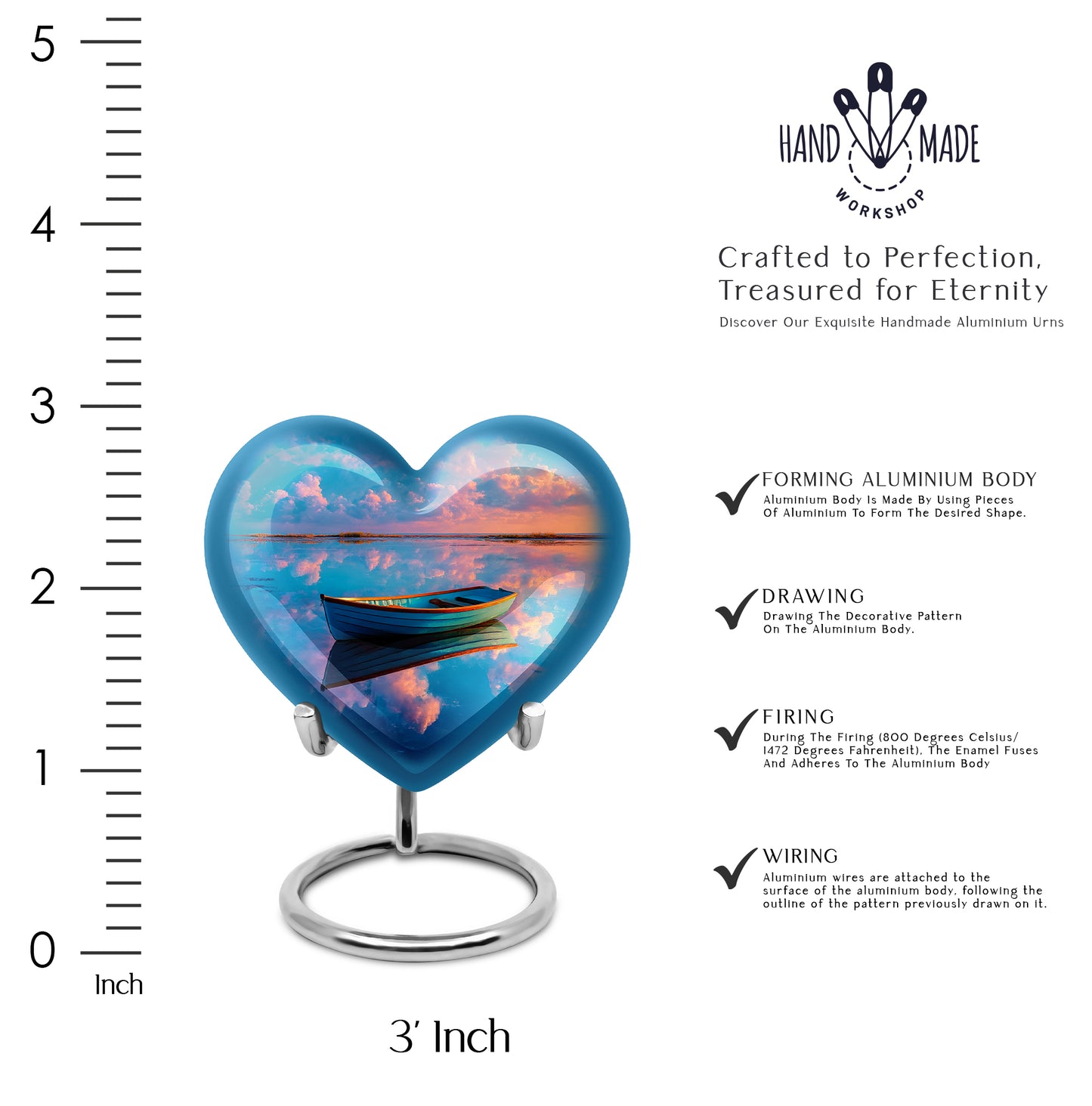 Sapphire Blue Boat Cremation Urn front view showing detailed design - romantic heart urn with boat motif on aluminum - mini keepsake memorial for portion of cremation ashes