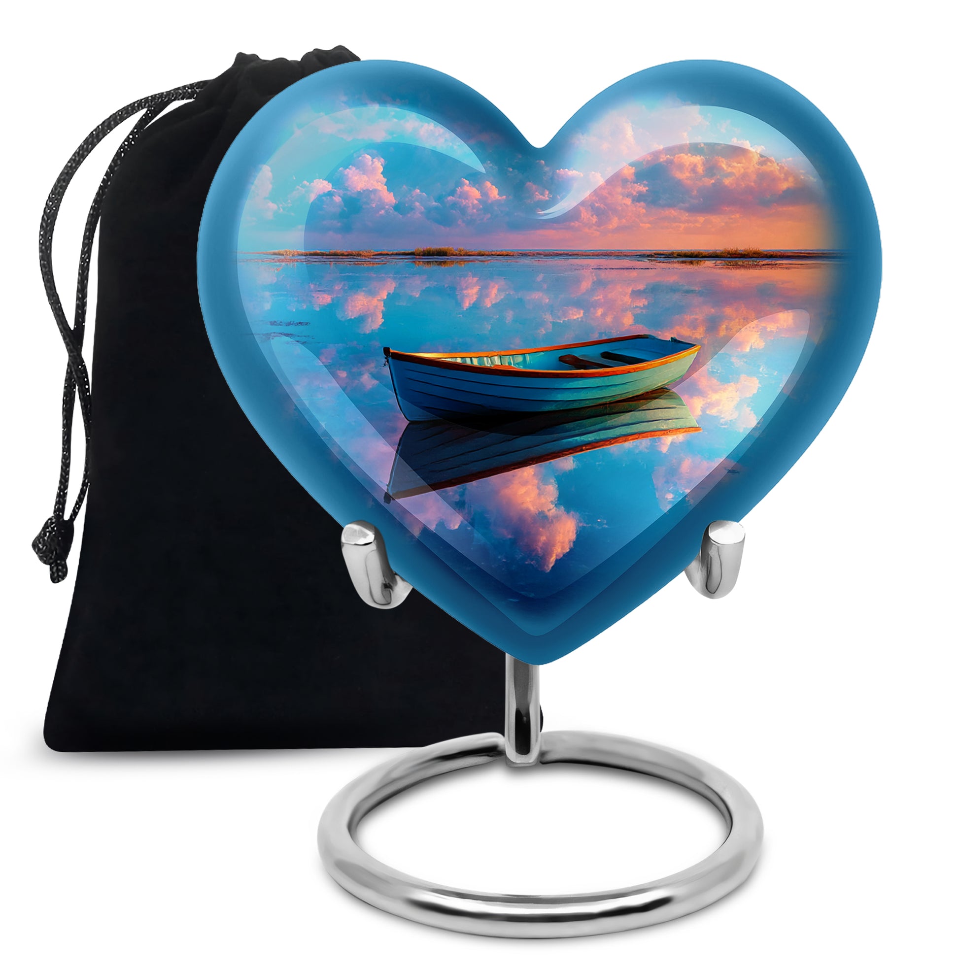 Calming Blue Boat Cremation Urn detail view - romantic heart urn with boat motif on aluminum - full-size 10 inch 200 cubic inch adult cremation urn