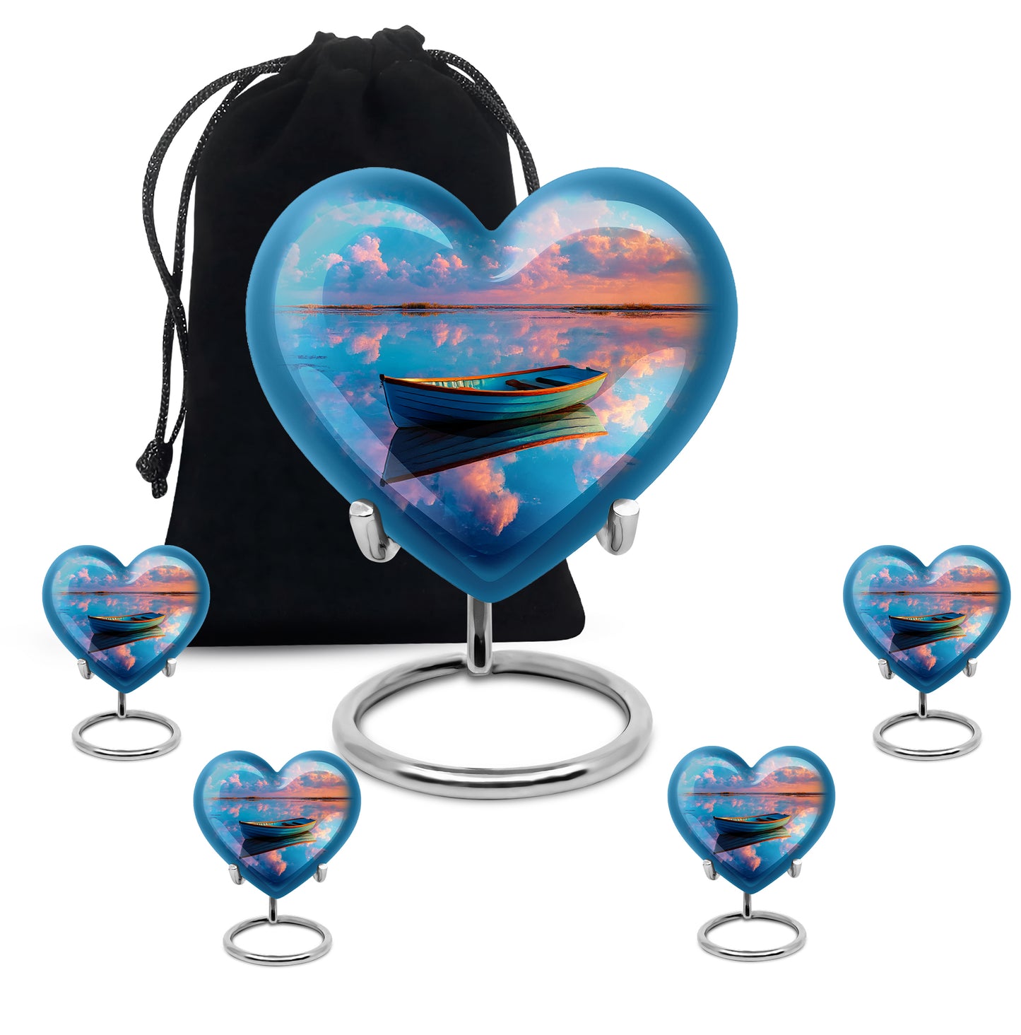 Bright Blue Boat Cremation Urn close-up of engraving and surface detail - compassionate heart-boat combination with gentle curves - memorial set with one large and four small urns