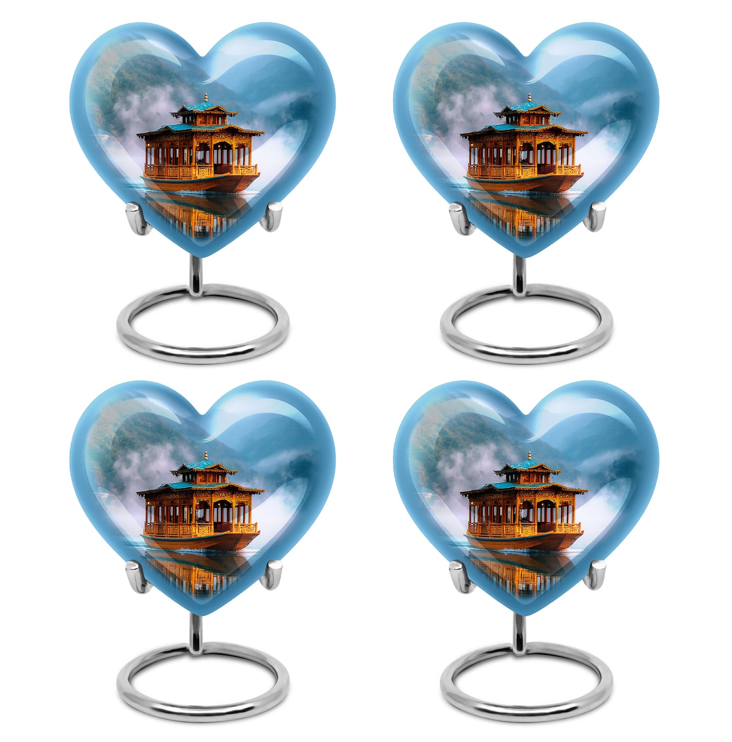 Pastel Blue Boat Cremation Urn angled view of lid and engraved motif - heart-shaped boat design symbolizing eternal love - 10 inch aluminum urn for cremated remains