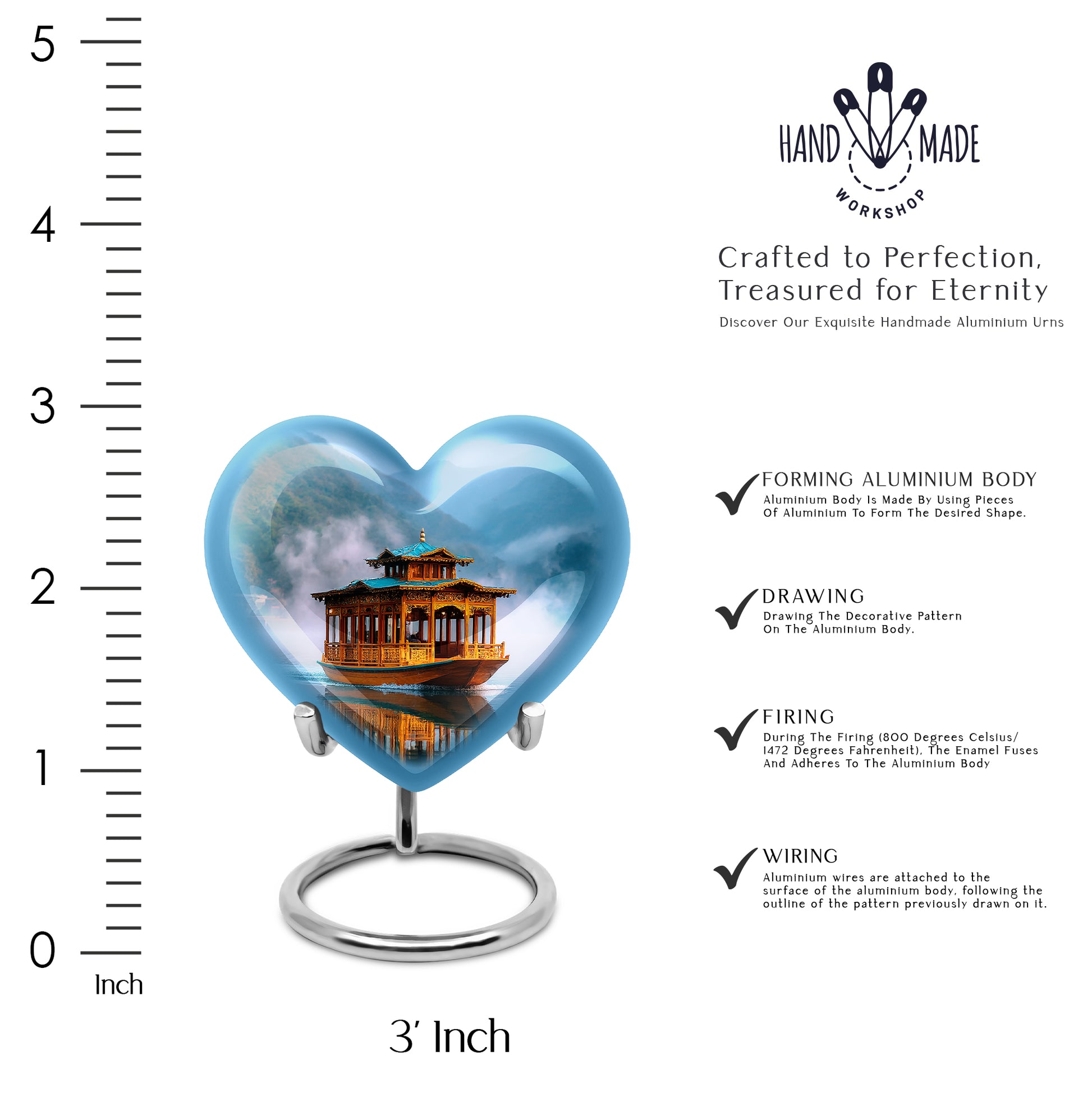 Azure Boat Cremation Urn front view showing detailed design - loving heart memorial featuring boat pattern - mini keepsake memorial for portion of cremation ashes