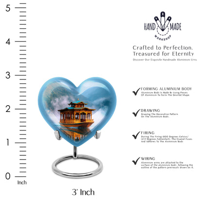 Azure Boat Cremation Urn front view showing detailed design - loving heart memorial featuring boat pattern - mini keepsake memorial for portion of cremation ashes