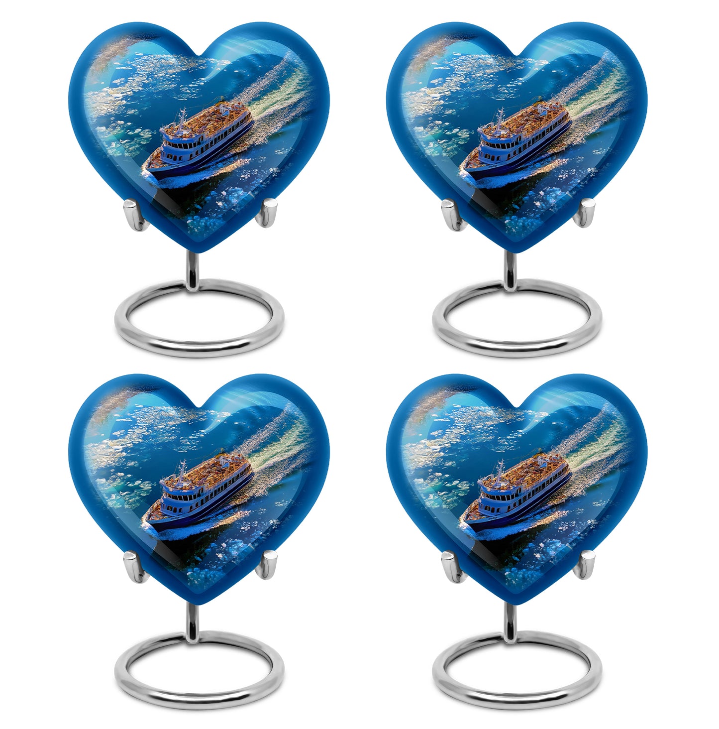 Icy Blue Boat Cremation Urn angled view of lid and engraved motif - loving heart memorial featuring boat pattern - 10 inch aluminum urn for cremated remains