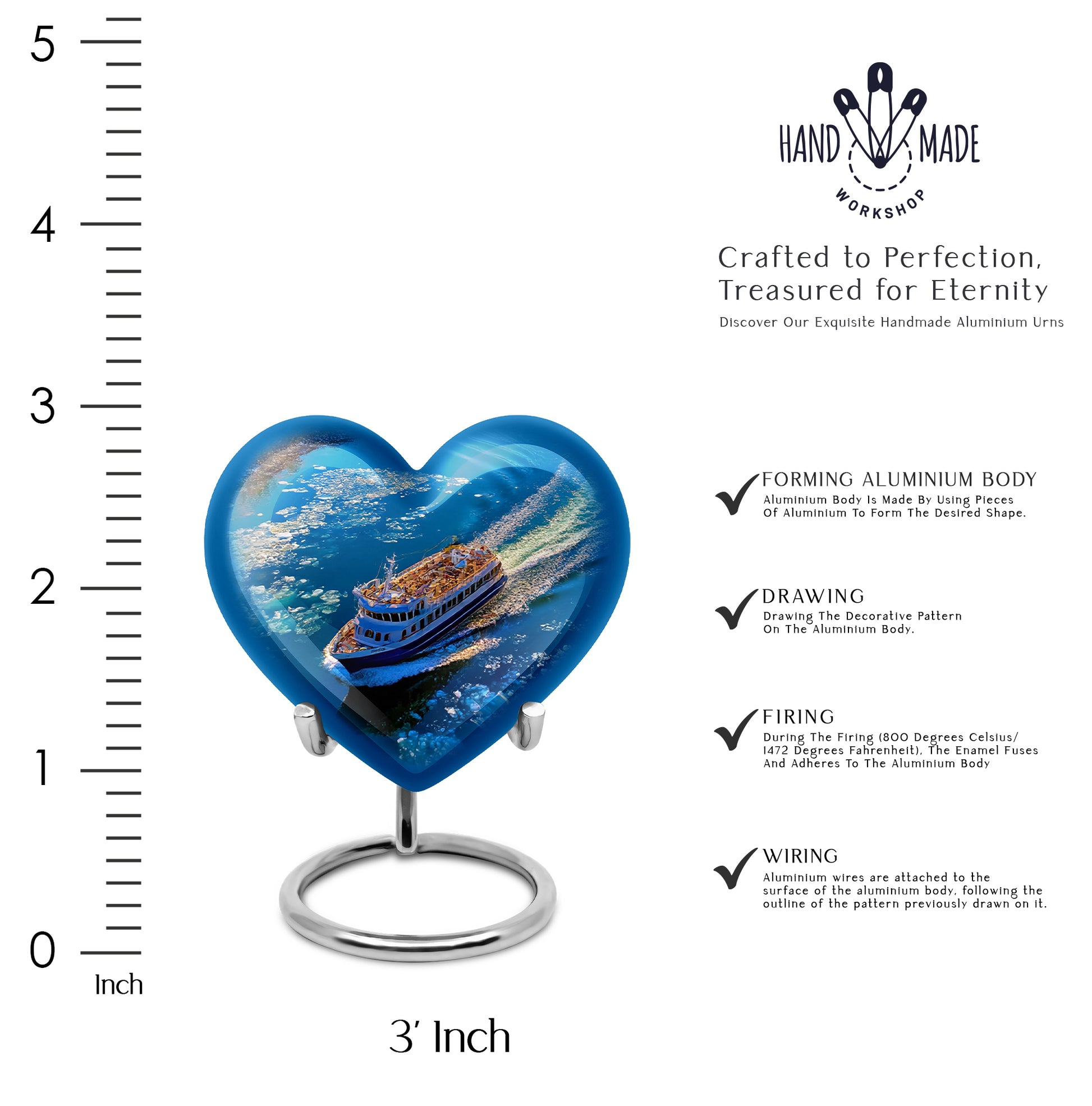 Sky Blue Boat Cremation Urn front view showing detailed design - heart-shaped boat design symbolizing eternal love - mini keepsake memorial for portion of cremation ashes