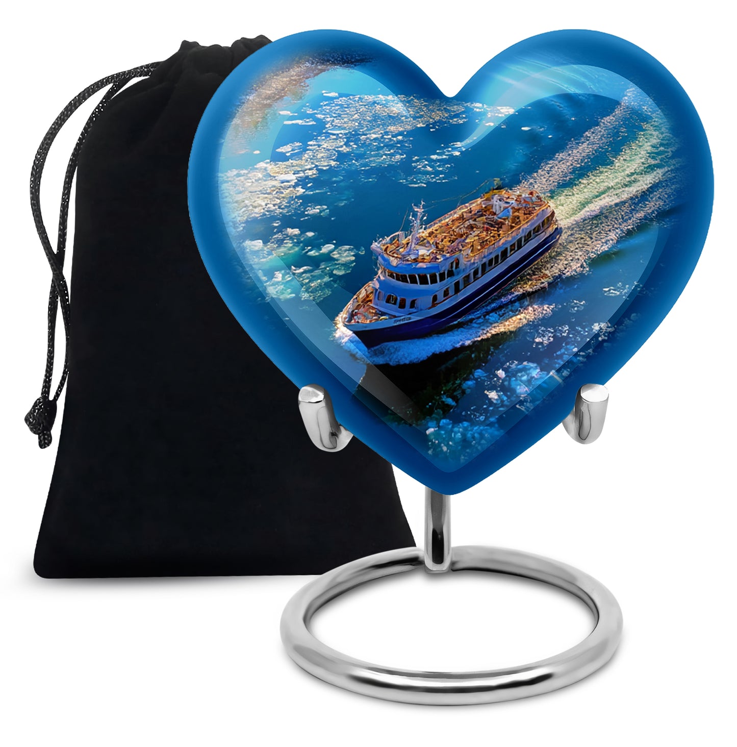 Pastel Blue Boat Cremation Urn detail view - heart-shaped boat design symbolizing eternal love - full-size 10 inch 200 cubic inch adult cremation urn