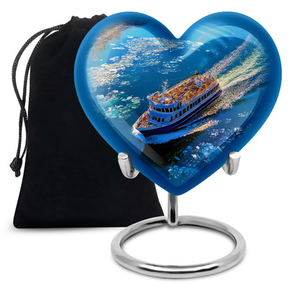 Pastel Blue Boat Cremation Urn detail view - heart-shaped boat design symbolizing eternal love - full-size 10 inch 200 cubic inch adult cremation urn