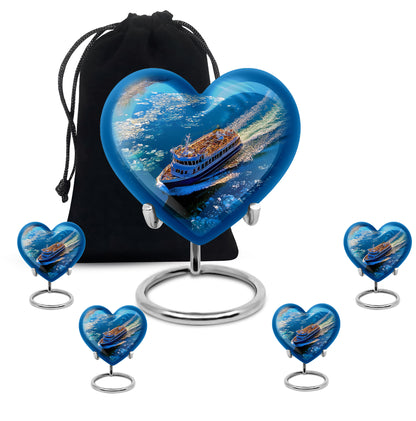 Pastel Blue Boat Cremation Urn close-up of engraving and surface detail - loving heart memorial featuring boat pattern - memorial set with one large and four small urns