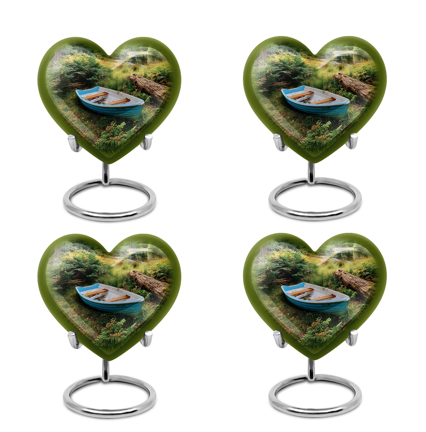 Midnight Black Boat Cremation Urn angled view of lid and engraved motif - romantic heart urn with boat motif on aluminum - 10 inch aluminum urn for cremated remains
