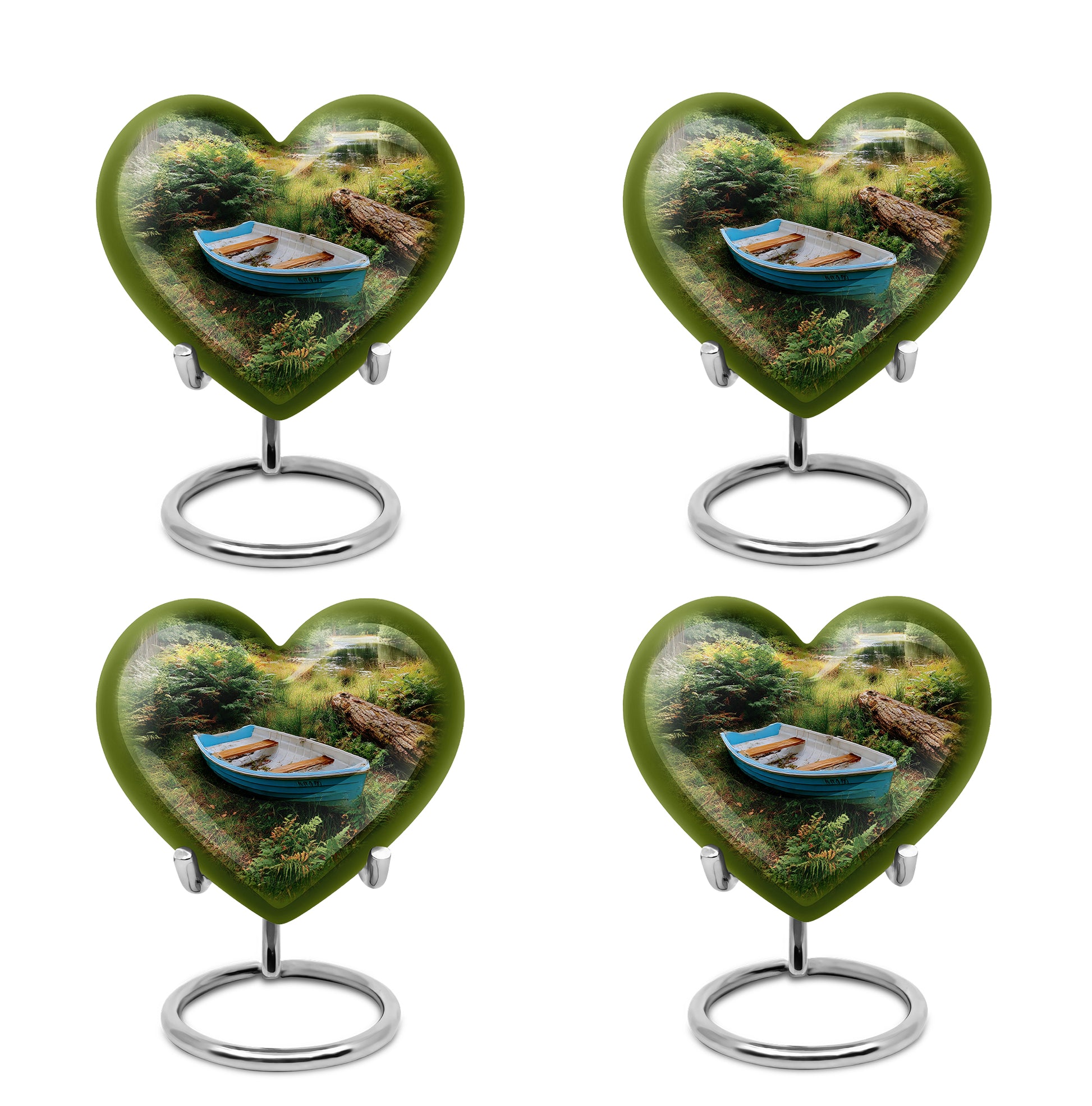 Midnight Black Boat Cremation Urn angled view of lid and engraved motif - romantic heart urn with boat motif on aluminum - 10 inch aluminum urn for cremated remains