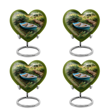 Midnight Black Boat Cremation Urn angled view of lid and engraved motif - romantic heart urn with boat motif on aluminum - 10 inch aluminum urn for cremated remains