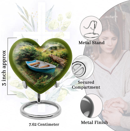 Obsidian Black Boat Cremation Urn front view showing detailed design - compassionate heart-boat combination with gentle curves - mini keepsake memorial for portion of cremation ashes