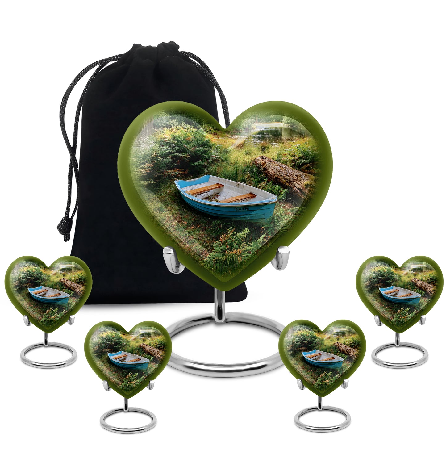 Deep Black Boat Cremation Urn close-up of engraving and surface detail - heart-shaped boat design symbolizing eternal love - memorial set with one large and four small urns