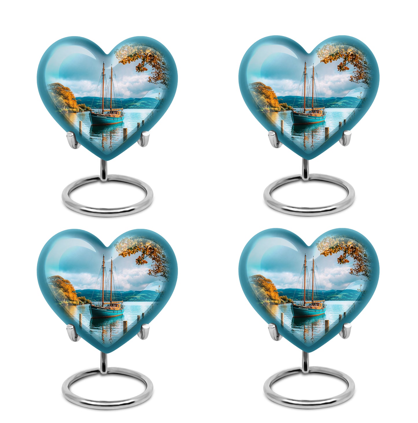 Mystic Teal Boat Cremation Urn angled view of lid and engraved motif - compassionate heart-boat combination with gentle curves - 10 inch aluminum urn for cremated remains