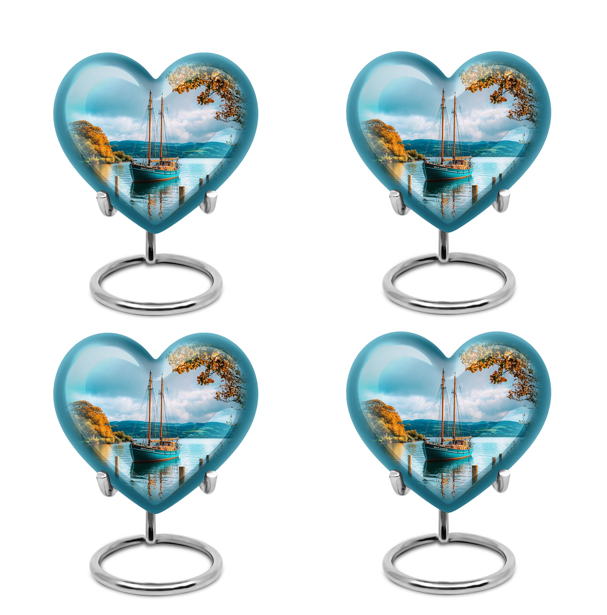 Mystic Teal Boat Cremation Urn angled view of lid and engraved motif - compassionate heart-boat combination with gentle curves - 10 inch aluminum urn for cremated remains